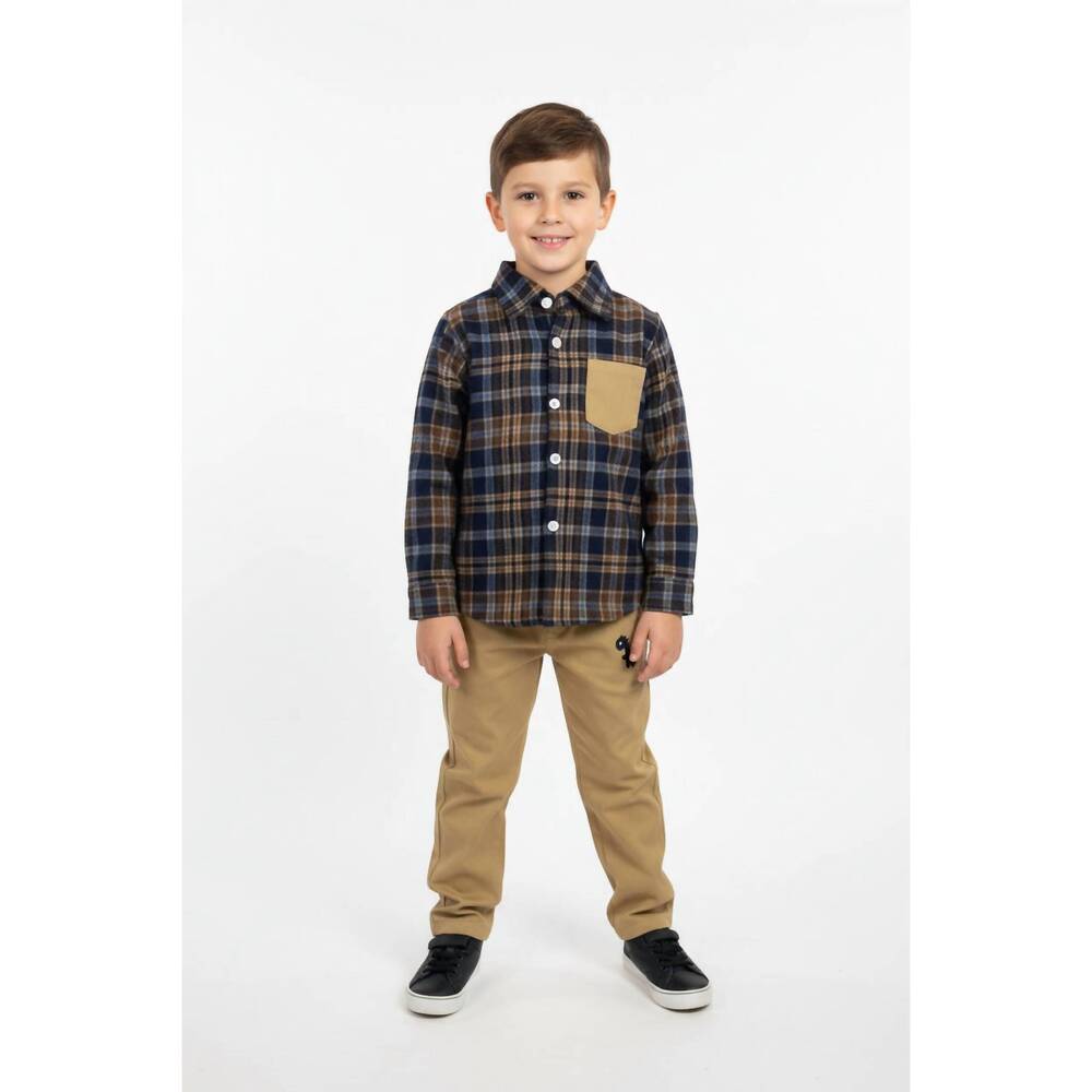 NEW PATPAT little boy plaid collar shirt with pants set in blue/ tan